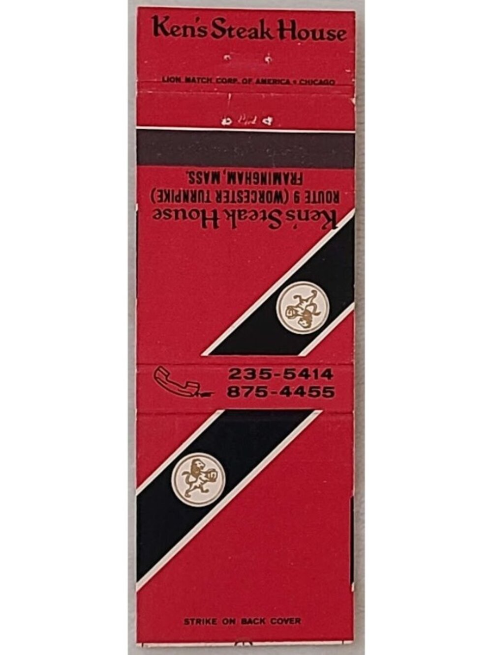 Vintage Matchbook Cover Kens Steak House Framingham MA Restaurant Lion Match